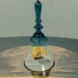 Vtg Blue Gold‎ Flower Mouth Blown Bell by Crystal Clear Glass Made In Hungary
